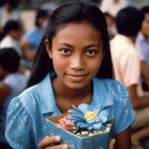 AliExpress Northern Mariana Islands: A young and happy woman from the Northern Mariana Islands stands in the center of Saipan and holds a gift box in her hands.