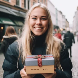 AliExpress Norway: A young and happy Norwegian woman stands in the center of Oslo and holds a gift box in her hands.