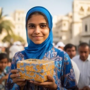 AliExpress Oman: A young and happy Omani woman stands in the center of Muscat and holds a gift box in her hands.