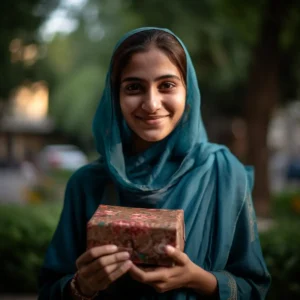 AliExpress Pakistan: A young and happy Pakistani woman stands in the center of Islamabad and holds a gift box in her hands.