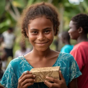 AliExpress Palau: A young and happy Palauan woman stands in the center of Ngerulmud and holds a gift box in her hands.