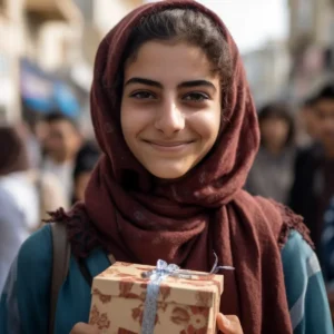 AliExpress Palestine: A young and happy Palestinian woman stands in the center of Ramallah and holds a gift box in her hands.