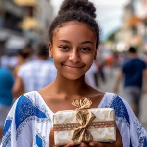 AliExpress Panama: A young and happy Panamanian woman stands in the center of Panama City and holds a gift box in her hands.