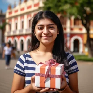 AliExpress Paraguay: A young and happy Paraguayan woman stands in the center of Asunción and holds a gift box in her hands.