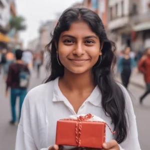 AliExpress Peru: A young and happy Peruvian woman stands in the center of Lima and holds a gift box in her hands.
