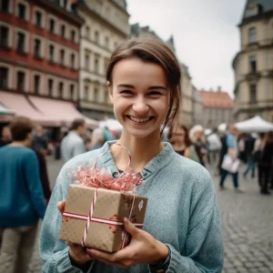 AliExpress Poland: A young and happy Polish woman stands in the center of Warsaw and holds a gift box in her hands.