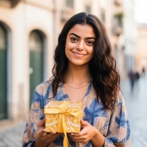 AliExpress Portugal: A young and happy Portuguese woman stands in the center of Lisbon and holds a gift box in her hands.