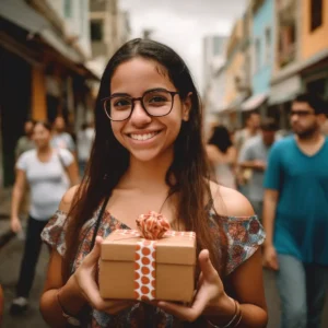 AliExpress Puerto Rico: A young and happy Puerto Rican woman stands in the center of San Juan and holds a gift box in her hands.