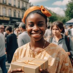 AliExpress Reunion: A young and happy Réunionese woman stands in the center of Saint-Denis and holds a gift box in her hands.