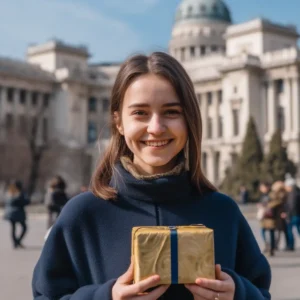 AliExpress Romania: A young and happy Romanian woman stands in the center of Bucharest and holds a gift box in her hands.
