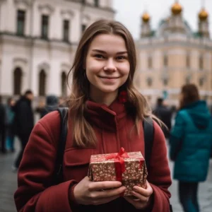 AliExpress Russian Federation: A young and happy Russian woman stands in the center of Moscow and holds a gift box in her hands.