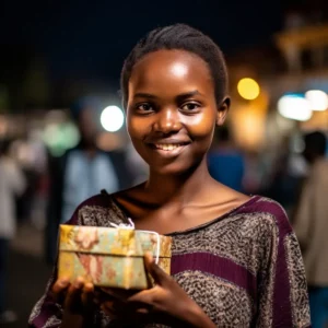 AliExpress Rwanda: A young and happy Rwandan woman stands in the center of Kigali and holds a gift box in her hands.
