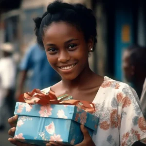 AliExpress Saint Kitts and Nevis: A young and happy Kittitian or Nevisian woman stands in the center of Basseterre and holds a gift box in her hands.