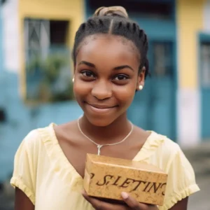 AliExpress Saint Lucia: A young and happy Saint Lucian woman stands in the center of Castries and holds a gift box in her hands.