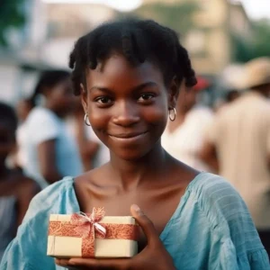 AliExpress Saint Martin: A young and happy Saint-Martinoise woman stands in the center of Marigot and holds a gift box in her hands.