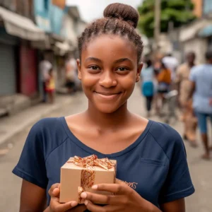 AliExpress Saint Vincent and the Grenadines: A young and happy Vincentian woman stands in the center of Kingstown and holds a gift box in her hands.