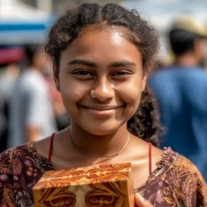 AliExpress Samoa: A young and happy Samoan woman stands in the center of Apia and holds a gift box in her hands.