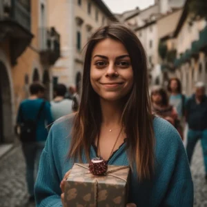 AliExpress San Marino: A young and happy Sammarinese woman stands in the center of San Marino and holds a gift box in her hands.