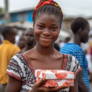 AliExpress São Tomé and Príncipe: A young and happy Santomean woman stands in the center of São Tomé and holds a gift box in her hands.