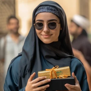 AliExpress Saudi Arabia: A young and happy Saudi woman stands in the center of Riyadh and holds a gift box in her hands.