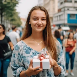 AliExpress Serbia: A young and happy Serbian woman stands in the center of Belgrade and holds a gift box in her hands.