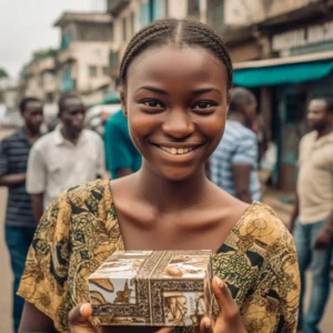 AliExpress Sierra Leone: A young and happy Sierra Leonean woman stands in the center of Freetown and holds a gift box in her hands.
