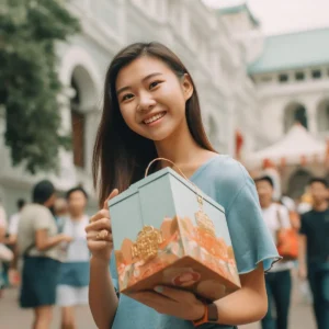 AliExpress Singapore: A young and happy Singaporean woman stands in the center of Singapore and holds a gift box in her hands.