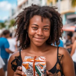 AliExpress Sint Maarten: A young and happy woman from Sint Maarten stands in the center of Philipsburg and holds a gift box in her hands.