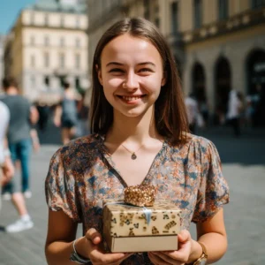 AliExpress Slovakia: A young and happy Slovak woman stands in the center of Bratislava and holds a gift box in her hands.