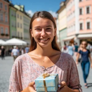 AliExpress Slovenia: A young and happy Slovenian woman stands in the center of Ljubljana and holds a gift box in her hands.