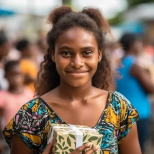 AliExpress Solomon Islands: A young and happy Solomon Islander woman stands in the center of Honiara and holds a gift box in her hands.