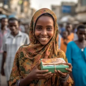 AliExpress Somalia: A young and happy Somali woman stands in the center of Mogadishu and holds a gift box in her hands.