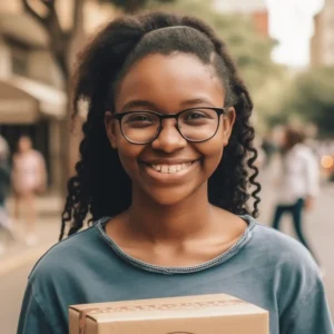 AliExpress South Africa: A young and happy South African woman stands in the center of Pretoria and holds a gift box in her hands.