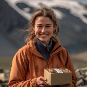 AliExpress South Georgia and the South Sandwich Islands: A young and happy woman from South Georgia stands in the center of King Edward Point and holds a gift box in her hands.