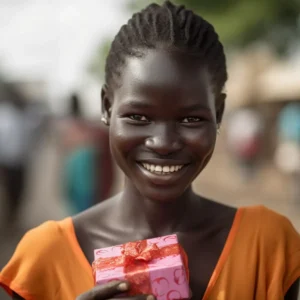 AliExpress South Sudan: A young and happy South Sudanese woman stands in the center of Juba and holds a gift box in her hands.