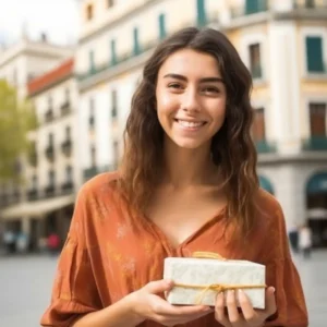 AliExpress Spain: A young and happy Spanish woman stands in the center of Madrid and holds a gift box in her hands.