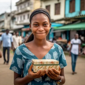 AliExpress Suriname: A young and happy Surinamese woman stands in the center of Paramaribo and holds a gift box in her hands.