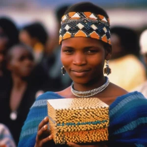 AliExpress Swaziland (Eswatini): A young and happy Swazi woman stands in the center of Mbabane and holds a gift box in her hands.