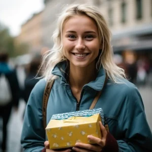 AliExpress Sweden: A young and happy Swedish woman stands in the center of Stockholm and holds a gift box in her hands.