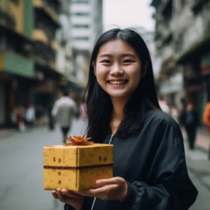 AliExpress Taiwan, China: A young and happy Taiwanese woman stands in the center of Taipei and holds a gift box in her hands.