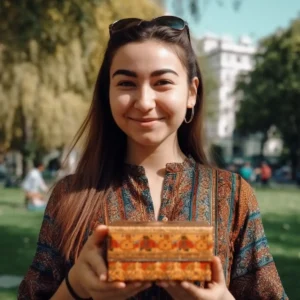 AliExpress Tajikistan: A young and happy Tajik woman stands in the center of Dushanbe and holds a gift box in her hands.