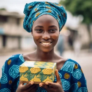 AliExpress Tanzania: A young and happy Tanzanian woman stands in the center of Dodoma and holds a gift box in her hands.