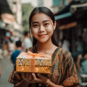 AliExpress Thailand: A young and happy Thai woman stands in the center of Bangkok and holds a gift box in her hands.