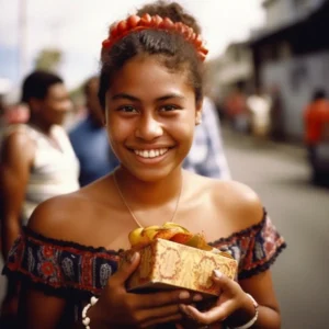 AliExpress Tonga: A young and happy Tongan woman stands in the center of Nuku'alofa and holds a gift box in her hands.