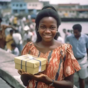 AliExpress Trinidad and Tobago: A young and happy Trinidadian or Tobagonian woman stands in the center of Port of Spain and holds a gift box in her hands.
