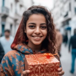 AliExpress Tunisia: A young and happy Tunisian woman stands in the center of Tunis and holds a gift box in her hands.