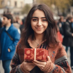 AliExpress Turkey: A young and happy Turkish woman stands in the center of Ankara and holds a gift box in her hands.
