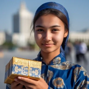 AliExpress Turkmenistan: A young and happy Turkmen woman stands in the center of Ashgabat and holds a gift box in her hands.