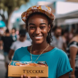AliExpress Turks and Caicos Islands: A young and happy Turks and Caicos Islander woman stands in the center of Cockburn Town and holds a gift box in her hands.