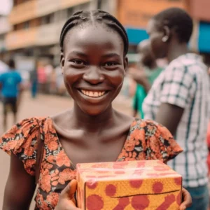 AliExpress Uganda: A young and happy Ugandan woman stands in the center of Kampala and holds a gift box in her hands.